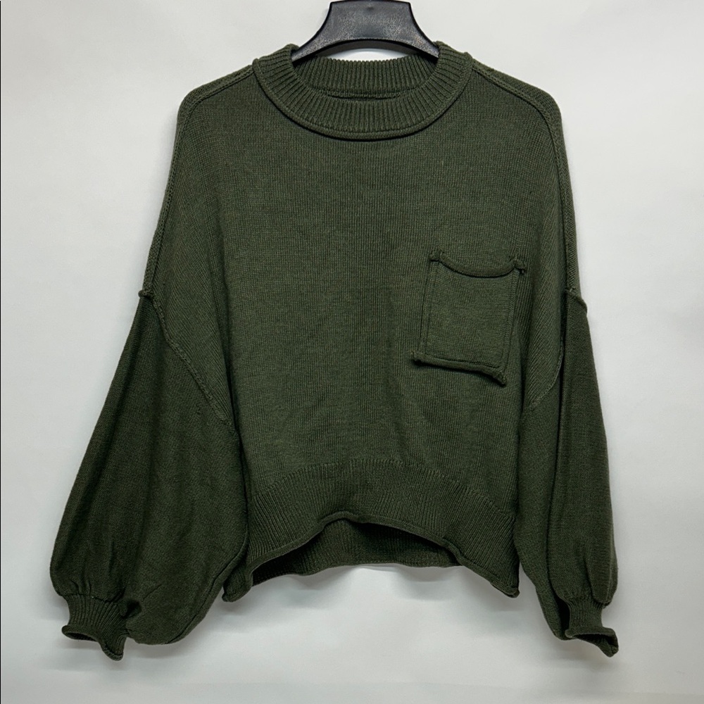 Olive Green Knit Sweater with Pocket POL SIZE small oversized 100% cotton - Picture 3 of 7
